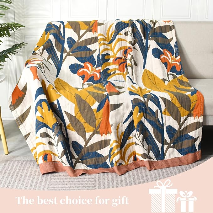 Boho Throw Blanket for Bed - 100% Pure Cotton Ultra Soft Rustic Quilt - Farmhouse Decor Bed Blankets, All Season Rustic Throw for Sofa Couch Chair(60"×80", Floral Sea)