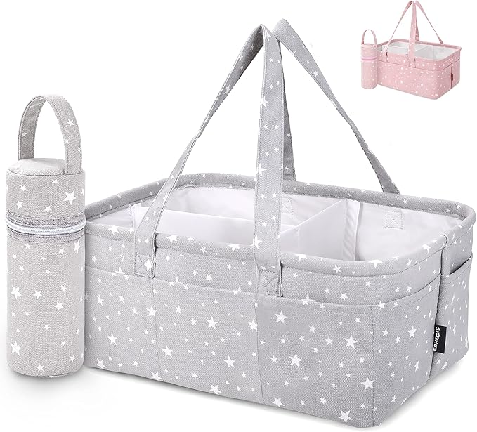 Baby Diaper Caddy Organizer - Baby Shower Basket | Large Nursery Storage Bin for Changing Table | Car Travel Tote Bag | Newborn Registry Must Have | Bonus Bottle Cooler | Gray