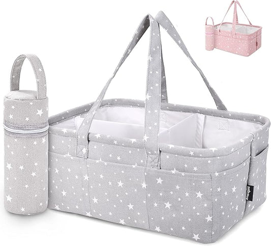 Baby Diaper Caddy Organizer - Baby Shower Basket | Large Nursery Storage Bin for Changing Table | Car Travel Tote Bag | Newborn Registry Must Have | Bonus Bottle Cooler | Gray