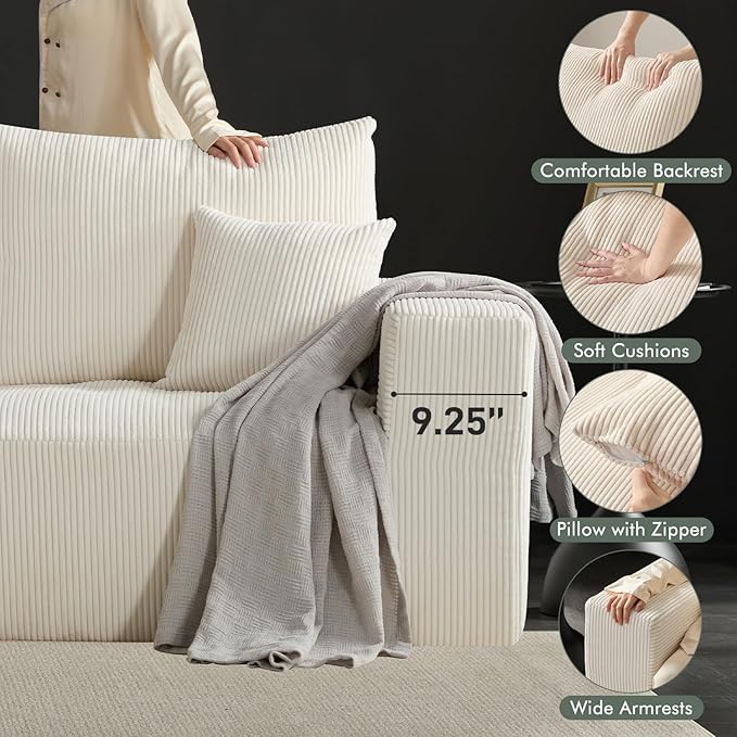 Boneless Cloud Couch Sofa for Living Room, 112" 3 Seater Beige Modern Lounge Sleeper Couch, No Assemble, Cordury Compression Upholstered Couches