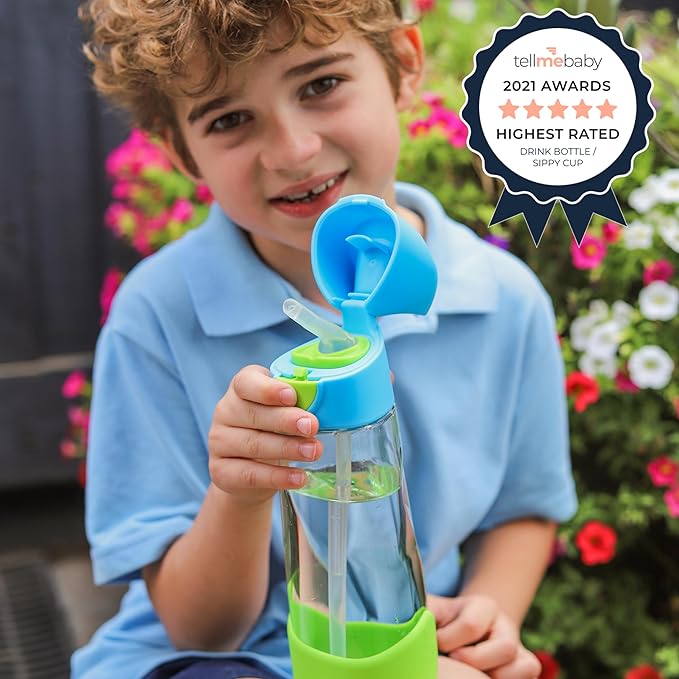 b.box 20oz Tritan Straw Bottle | Large, Modern Water Bottle with Flip Straw for Kids | Spill Proof, BPA Free (Blue Slate, 20 oz)