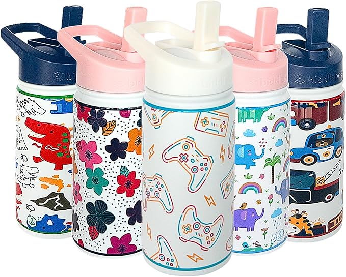 Biddlebee Kids Water Bottle with Straw Lid | 14oz Insulated Stainless Steel Reusable Bottles for School | Leak Proof Cap with Handle & Touch Free Spout | Great for Boys & Girls (Cool Gamer)