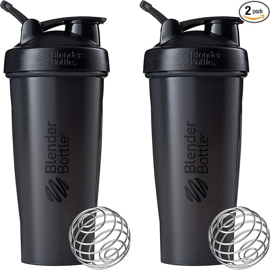 BlenderBottle Classic Shaker Bottle Perfect for Protein Shakes and Pre Workout, 28-Ounce (2 Pack), All Black