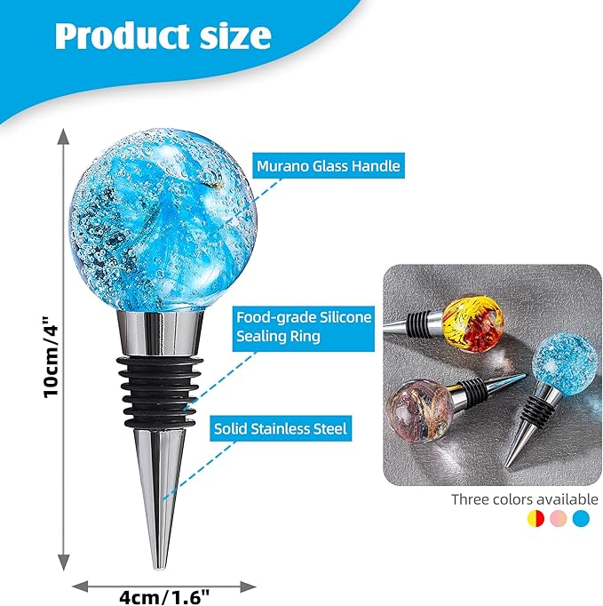 2PCS Hand Blown Glass Wine Stopper Bottle Stopper - Wine Saver, Reusable Wine Corks for Beverage, Stainless Steel Wine Stopper