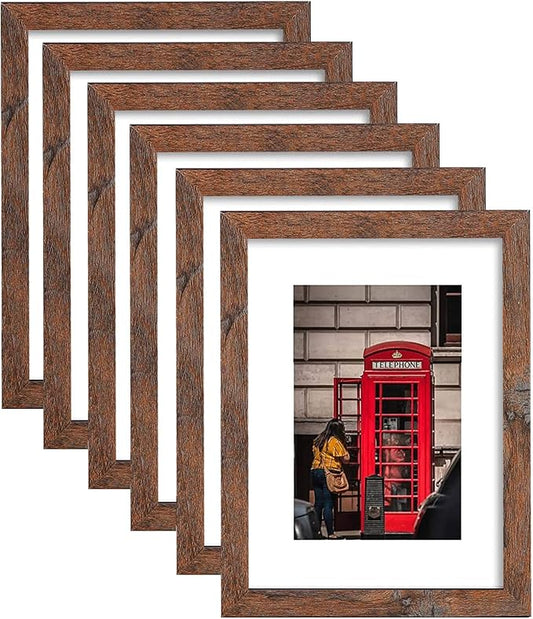 11x14 Picture Frame Set of 6, Display Pictures 8x10 with Mat or 11x14 Without Mat for Wall Mounting,Rustic Brown