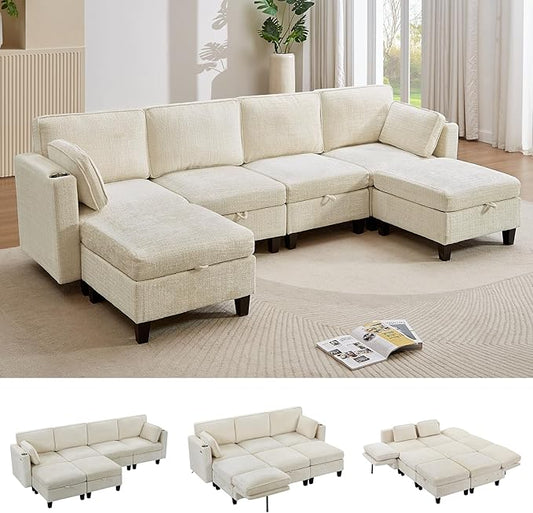 110" Modular Sectional Sofa, Convertible Sleeper Sofa Couch Bed with Adjustable Backrest, U-Shaped Chenille Cloud Couch with Ottoman Storage, Deep Seat Couches for Living Room,Beige
