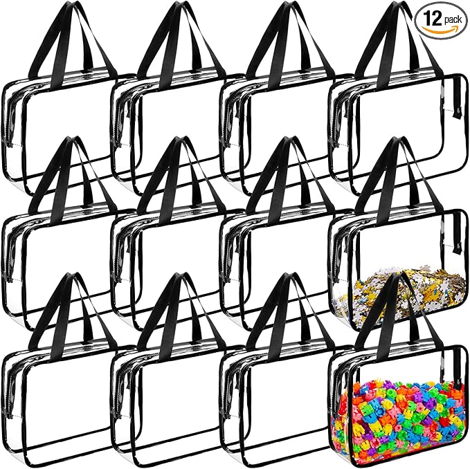12 Pieces Large Toy Storage Bags with Zipper Clear PVC Organizing Bags Waterproof Zippered Toy Storage Organizer for Building Blocks Puzzle Stationery Kids Books Classroom(Black)
