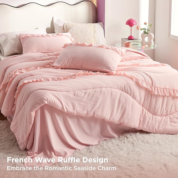 Bedsure Pink Comforter Set Queen - Ruffle Comforter, Cute Shabby Chic Boho Bedding Comforter Set for Girls, Lightweight Fluffy Soft Bed Set with 2 Pillow Shams