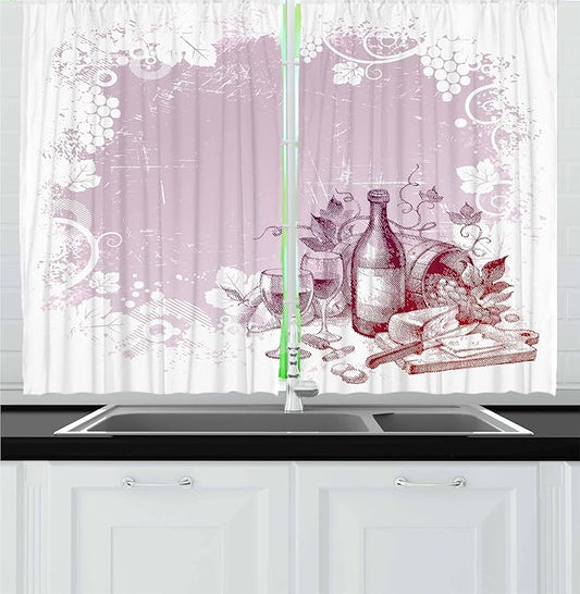 Ambesonne Wine Kitchen Curtains, Grunge Abstract Frame Bunch of Grapes Leaves Country Drinks Food Picnic Concept, Window Drapes 2 Panel Set for Kitchen Cafe Decor, 55" x 36", Lilac White