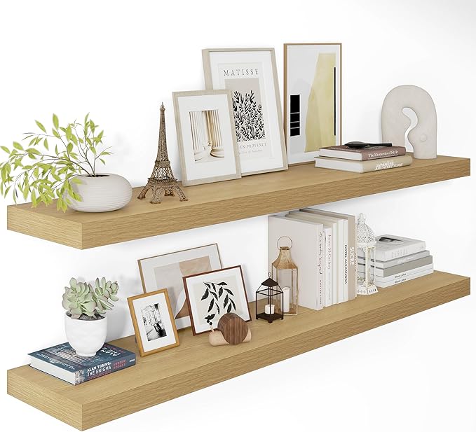 12 Inch Deep Floating Shelves 48 inch Long, 48 x 12 Wide Wall Shelves with Invisible Brackets, Heavy Duty Shelf for Bedroom Bathroom Living Room Kitchen Office Home Decor, Modern Shelf Set of 2, Oak