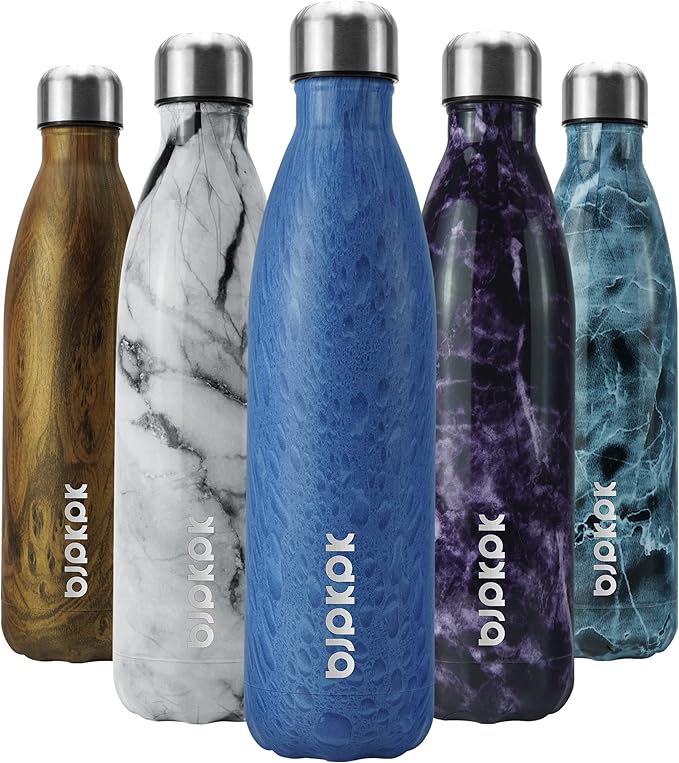 BJPKPK Stainless Steel Water Bottles -25oz/750ml -Insulated Water bottles,Sports water bottles Keep cold for 24 Hours and hot for 12 Hours,wood-Ice Blue