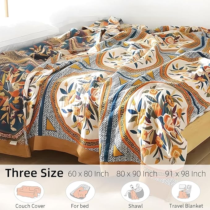 Boho Throw Blanket for Bed - 100% Pure Cotton Ultra Soft Rustic Quilt - Farmhouse Decor Bed Blankets, All Season Rustic Throw for Sofa Couch Chair(91''x 98'', Floral)