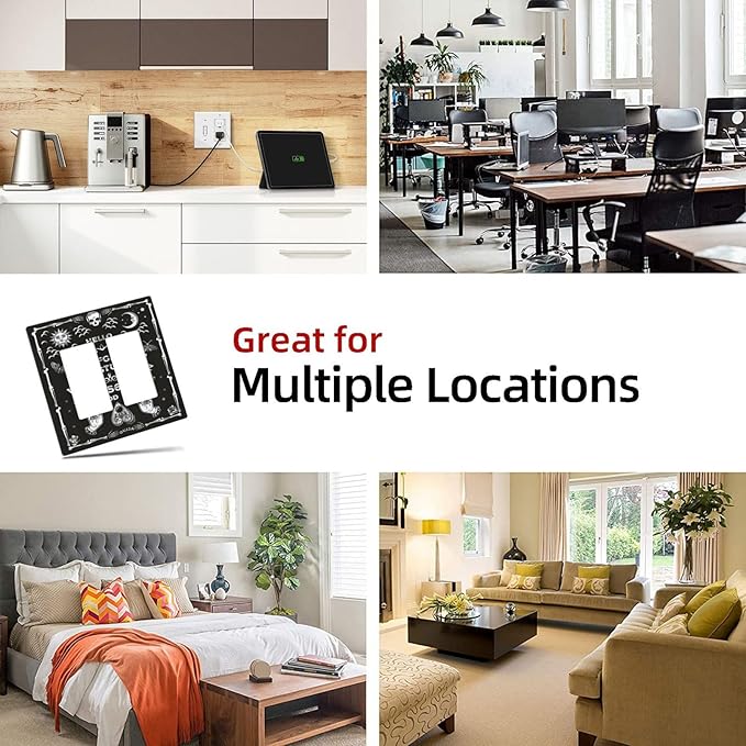 Black Witchy Skeleton Skull Gothic Sun Moon 2 Gang Rocker Decora Novelty Light Switch Covers Decorative Unique Dual Outlet Covers Wall Plate Electrical Faceplate Switchplate GFCI