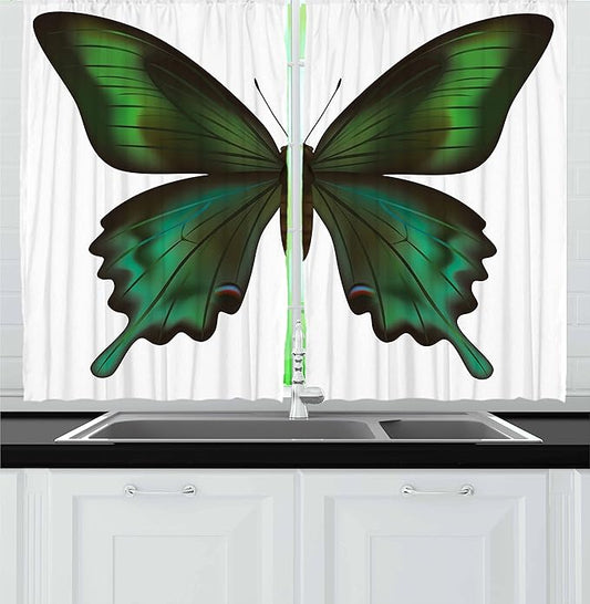 Ambesonne Swallowtail Butterfly Kitchen Curtains, Realistic Exotic Wildlife Creature in Green Tones, Window Drapes 2 Panel Set for Kitchen Cafe Decor, 55" x 24", Olive Green