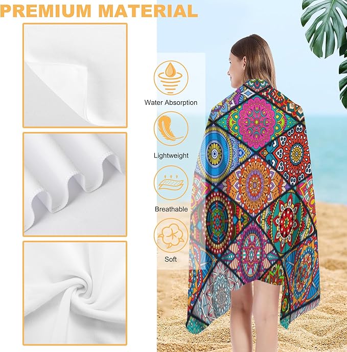 Beach Towel, Colorful Tribal Bohemian Mandala Beach Towel Oversized Sand Proof Absorbent, Quick-Dry Bath Pool Swim Towel for Shower Spa Vacation, 29.5” X 59”