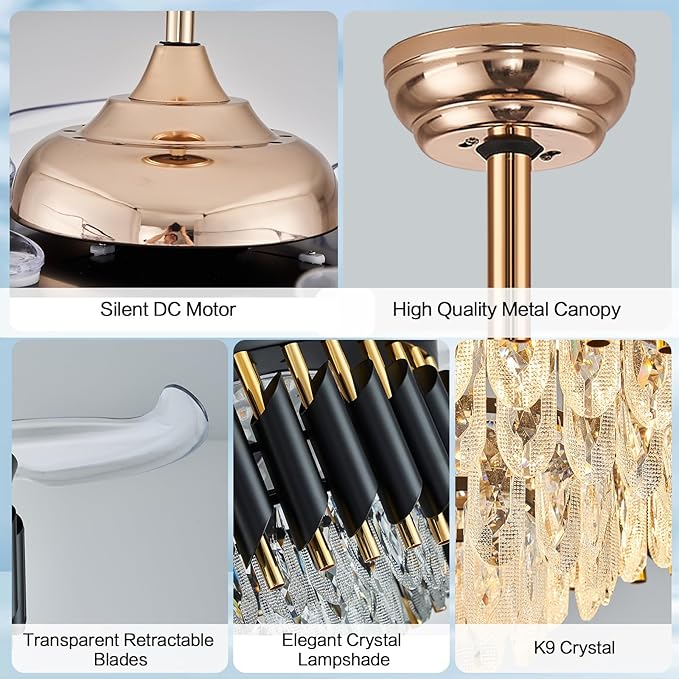 52" Gold Chandelier Ceiling Fans with Lights Crystal Ceiling Fan Chandelier Ceiling Fan with Lights Retractable Blade Fandelier Bladeless Ceiling Fans for Dinning Room Living Room Kitchen Foyer