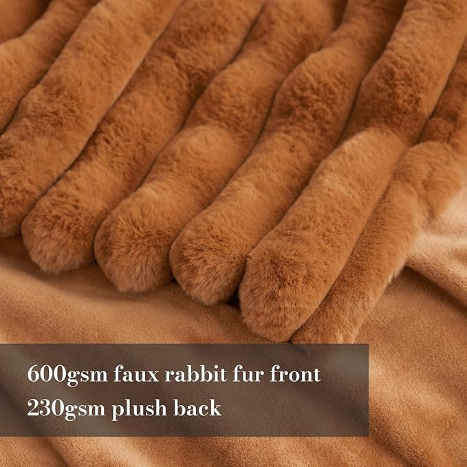 Amélie Home Faux Fur Throw Blanket for Couch, Cozy Fuzzy Fluffy Fur Luxurious Soft Striped Plush Gift Blankets for Family Sofa Chair Bed Living Room Bedroom, 55"x70", Brown