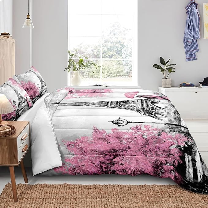 Bedbay Pink Paris Bedding Set King Size Eiffel Tower Comforter Set Romantic Couple French Style Duvet Set 4 Pcs Soft Lightweight Pink and Grey Down Comforter Set Paris Room Decor(Pink,King)