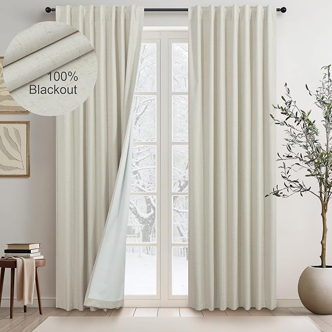 Boho Linen Black Out Curtains 72 Inch Long Back Tab Rod Pocket Living Room Curtains & Drapes 2 Panel Burg Full Blackout Insulated Thermal Curtain for Summer Heat Bedroom Bay Window Playroom Beige