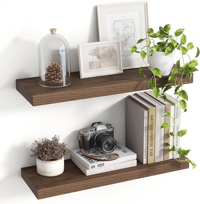 24 Inch Floating Shelves, 8 Inch Deep Floating Shelves for Wall, Hanging Shelf with Invisible Brackets, Deep Shelves for Bathroom, Bedroom, Living Room, Walnut, Set of 2