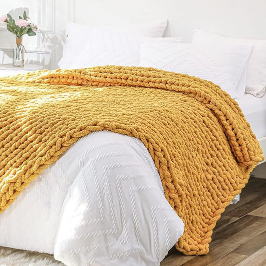Bigacogo Chunky Knit Throw Blanket for Couch, 40x80 inches, 100% Hand Knitted with Thick Jumbo Chenille Yarn, Cozy Soft Large Rope Knot Cable Crochet Blankets for Sofa Bed Living Room, Mustard Yellow