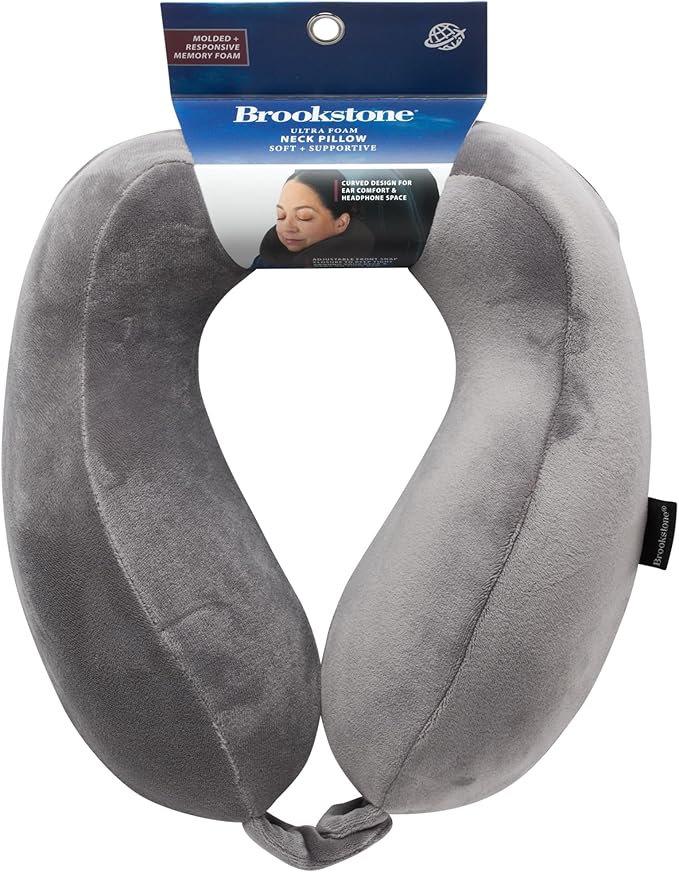 Brookstone Contoured Memory Foam Head and Neck Travel Pillow Ergonomic and Lightweight, Dark Grey