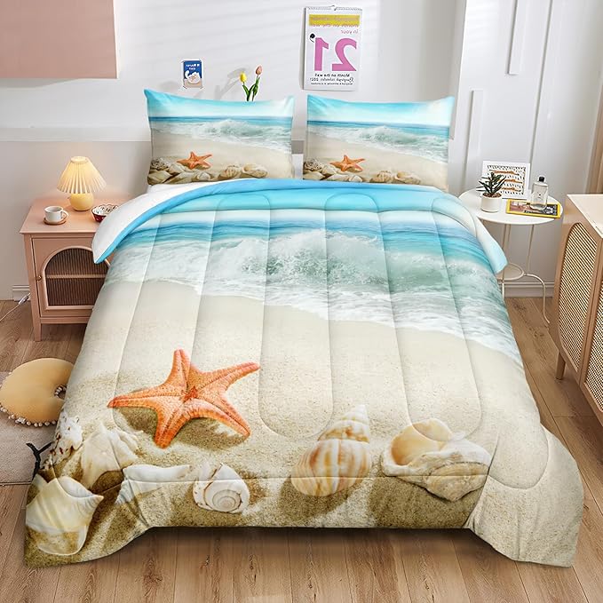 Bedbay Beach Bedding California King Coastal Comforter Set Boys Girls Beach Theme Room Decor Starfish Seashore Beach Quilt Set 4 Pcs Beachy Duvet Insert Down Comforter for All Seasons(104" Wx96 L)