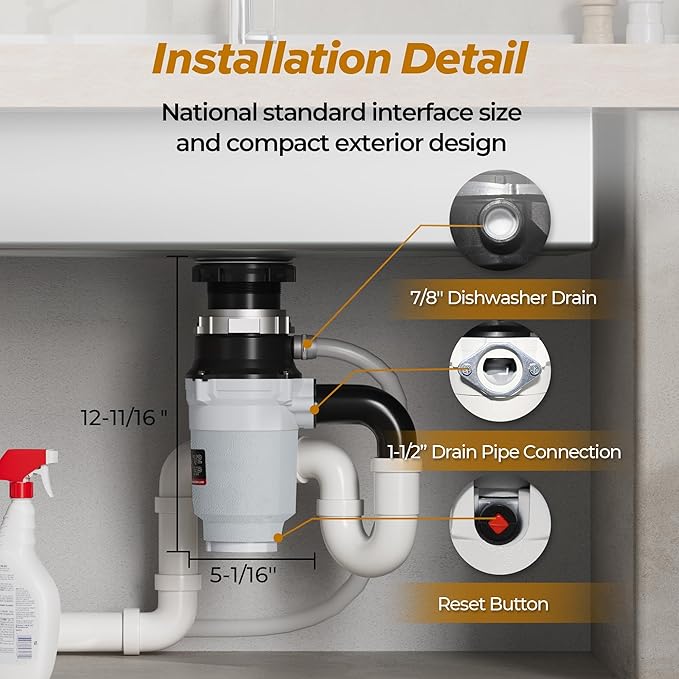 1/2 HP Garbage Disposals, TECASA Continuous Feed, Stainless Steel Food Waste Grinding System for Kitchen Sink Food Waste, Power Cord Included, UL Certified - HyperCrush 50