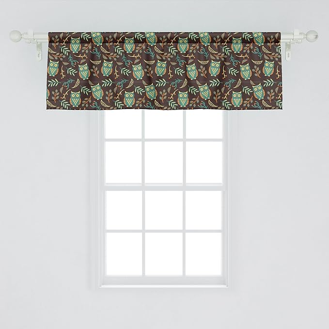 Ambesonne Owl Print Window Valance, Night Birds Leaves Berries Warm Autumn Colors Cartoon, Curtain Valance for Kitchen Bedroom Decor with Rod Pocket, 42" x 18", Brown Green