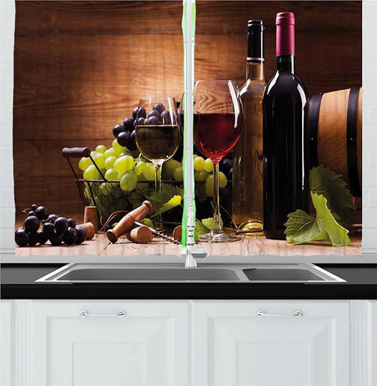 Ambesonne Wine Kitchen Curtains, Glasses of Red and White Wine Served with Grapes French Gourmet Tasting, Window Drapes 2 Panel Set for Kitchen Cafe Decor, 55" x 36", Brown Ruby