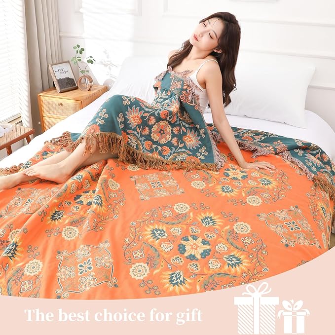 Boho Throw Blanket for Bed - 100% Pure Cotton Ultra Soft Rustic Quilt - Farmhouse Decor Bed Blankets, All Season Rustic Throw for Sofa Couch Chair(60"×80", Boho)