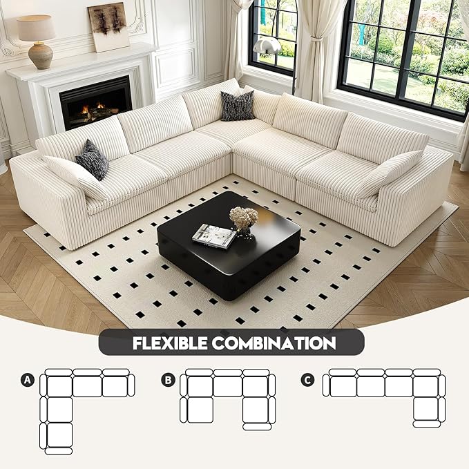 118" Cloud Couch Oversized Modular Sectional Sofa for Living Room,Modern Sofa with Deep Seat，V Shaped Boneless Couch,Comfy Upholstered Corduroy Couches for Apartment, Studio, Office,Bedroom，White