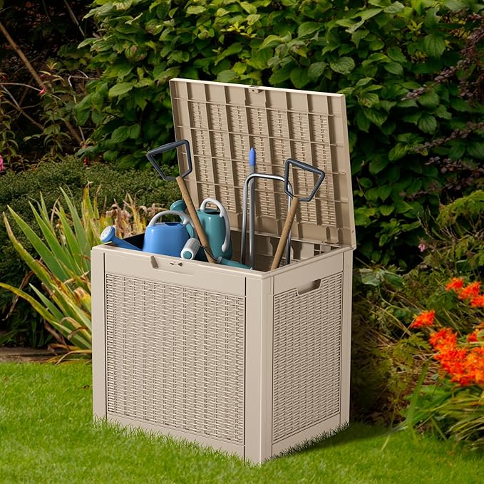 33 Gallon Deck Box Large Outdoor Storage for Patio Furniture,Outdoor Cushions,Garden Tools and Pool Supplies,Waterproof,Resin,Lockable(Grey)