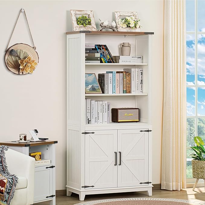70in Tall Bookshelf 5 Tier Bookcase with Barn Doors and Storage Cabinet, White Farmhouse Book Shelf with Adjustable Shelves, Wood Freestanding Display Bookshelves for Bedroom, Kitchen (3PCS)