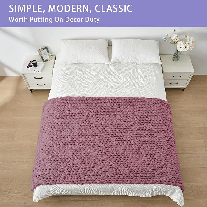 Bigacogo Chunky Knit Throw Blanket for Couch, 40x80 inches, 100% Hand Knitted with Thick Jumbo Chenille Yarn, Cozy Soft Large Rope Knot Cable Crochet Blankets for Sofa Bed Living Room, Burnt Rose