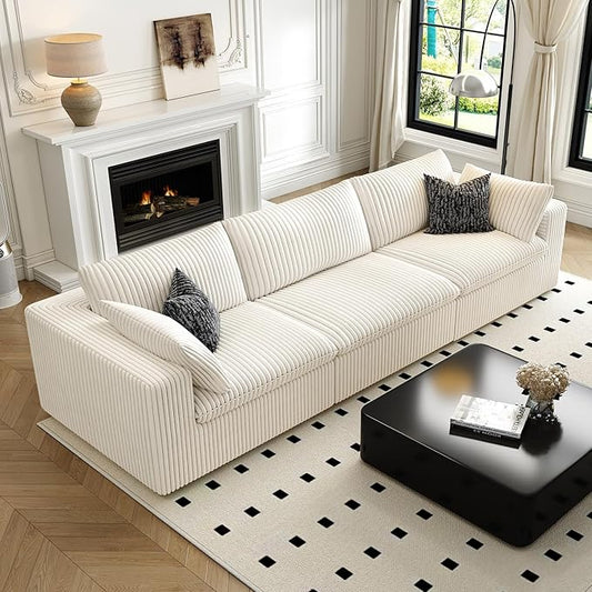 118" Cloud Couch Modular Sectional Sofa for Living Room,Modern Sofa with Deep Seat，3 Seater Boneless Couch,Comfy Upholstered Corduroy Couches for Apartment, Studio, Office,Bedroom，White
