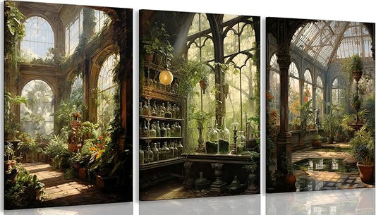 3pcs Framed William Morris Green Plants Canvas Wall Art Medieval Castle Posters Prints Gothictalian Landscape Painting Pictures Paintings Wall Decor for Living Room Bathroom Bedroom Decoration