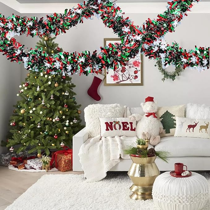 50 Feet Green Red Christmas Metallic Tinsel Twist Hanging Garland with Snowflake for Home Mantle Xmas Tree Staircase Railing New Year Holiday Party Indoor Outdoor Decorations