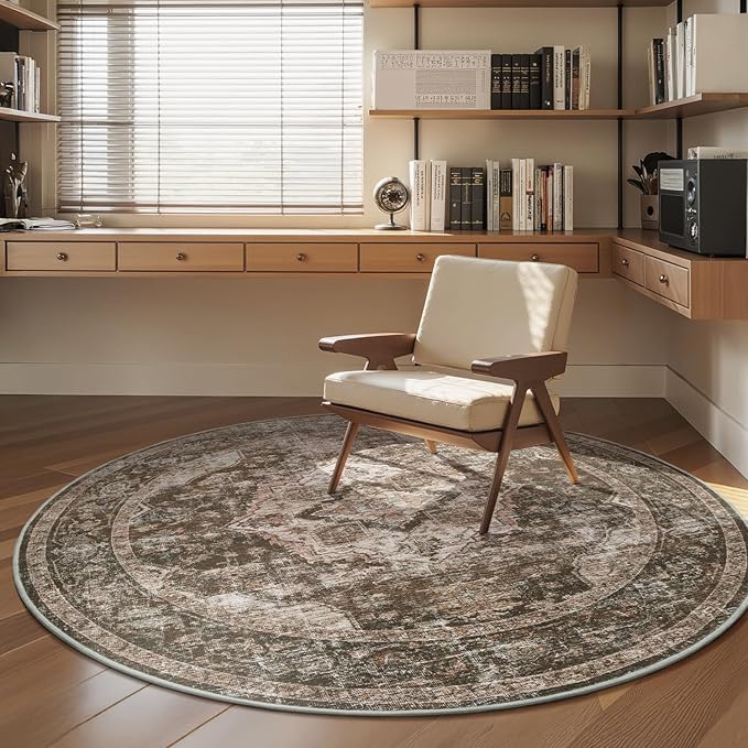 AMOAMI 6FT Round Rug - Vintage Soft Coffee & Brown Rugs for Living Room, Bedroom, Dining Room, Office - Non Slip, Machine Washable
