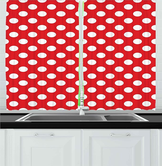 Ambesonne Retro Kitchen Curtains, 50s 60s Iconic Pop Art Style Big White Polka Dots Picnic Vintage Old Theme Image, Window Drapes 2 Panel Set for Kitchen Cafe Decor, 55" x 24", Vermilion White
