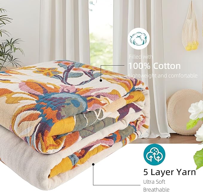 Boho Throw Blanket for Bed - 100% Pure Cotton Ultra Soft Rustic Quilt - Farmhouse Decor Bed Blankets, All Season Rustic Throw for Sofa Couch Chair(60"×80", Floral)