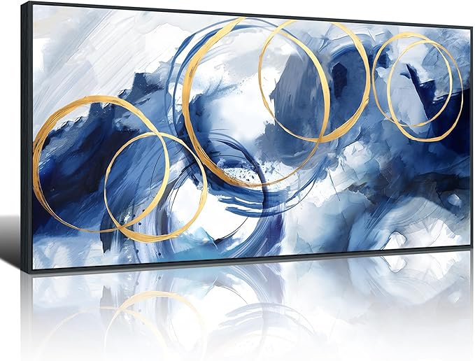 AJAZIKO Large Framed Canvas Wall Art Blue Abstract Wall Art Pictures for Living Room Bedroom Kitchen Office Decor 29x58 In Navy Gold Modern Paintings