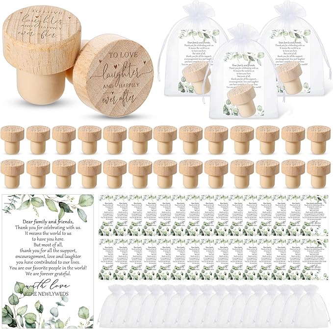 Barydat 50 Sets Wedding Favors for Guests Bulk Engraved Wood Wine Bottle Corks Wine Stopper with Wedding Thank You Cards and Organza Bags Wedding Appreciation Gifts for Guest Thank You Gifts (Novelty)