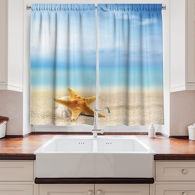 Ambesonne Starfish Long Kitchen Curtains, Scallop Seashell and Starfish Close up Sandy Beach Idyllic Ocean Backdrop Design, Two Panels Drapes with Rod Pocket Room Decor, 55" x 45", Earth Yellow