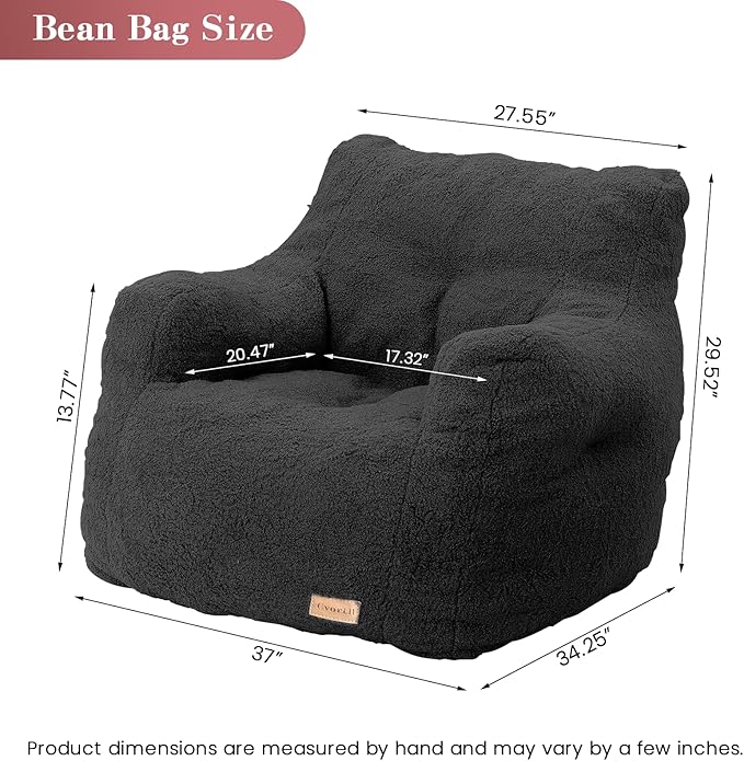 Bean Bag Chair with Filler, Bean Bag Sofa with Tufted Soft Stuffed Filling, Fluffy and Lazy Sofa, Comfy Cozy BeanBag Chairs with Memory Foam for Dorm, Apartment, Living Room (Black)