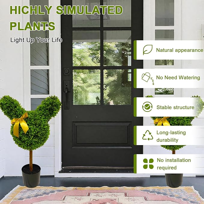 2 Pcs Artificial Bunny Shaped Topiary Trees, Artificial Green Boxwood Bunny Decorations with Gold Bow, Perfect for Indoor & Outdoor Front Porch, Easter& Garden Decor (Bunny Shaped Topiary Tree)