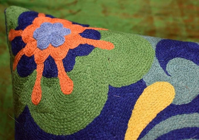 Blue Floral Pillow Cover | Navy Flower Throw Pillow | Outdoor Suzani Cushions | Hand Embroidered Chair Cushion | Wool Size - 18x18