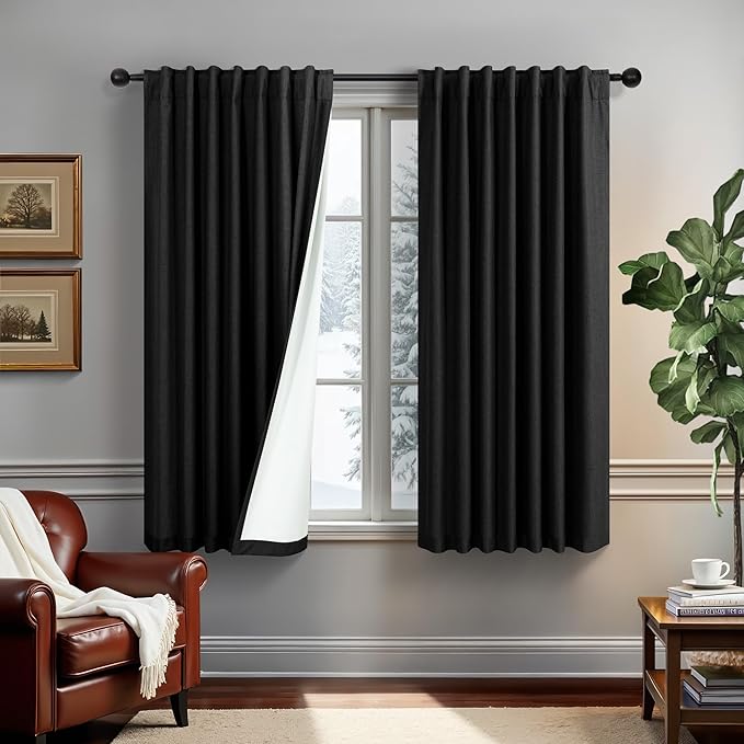 54 Inch Curtains Length 2 Panels Set 100% Blackout Modern Black Out Linen Drapes with White Back Tab Room Darkening Insulated Thermal Short Sundown Solar Curtains for Bedroom Noise Reducing Reduction