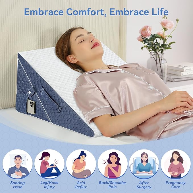 Bed Wedge Pillow for Sleep Apnea, 9 & 12 Inch Adjustable Wedge Pillow for Back Pain Relief, Leg and Knee Support, 7 in 1 Cooling-Gel Memory Foam Elevated Pillows for Acid Reflux, Post Surgery, Snoring