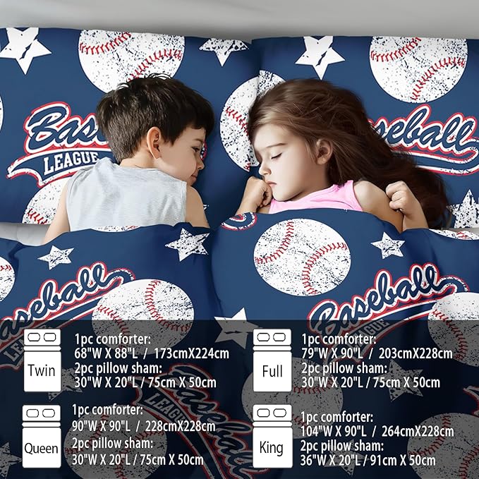 Baseball Comforter Set Twin,Sports Bedding Sets for Boys,Blue Sports Comforter Twin Bedroom Decor,Baseball Bedding Teen for All Seasons,Blue Quilt Kids Bedroom Decor